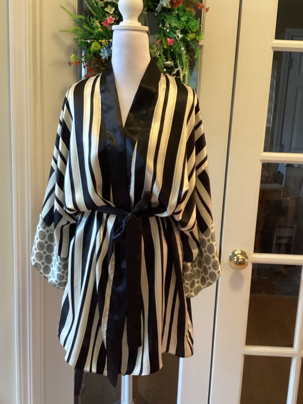 Black and Cream Striped Kimono Robe with Geometric Cuffs
